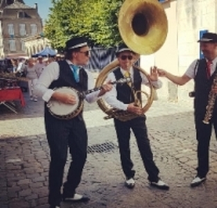 Un groupe de jazz Linkaband avec des joueurs de cuivres et de cordes font un concert dans un parc.